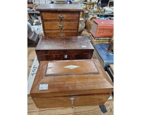 A teak tea caddy, a Georgian mahogany example, and a four drawer collectors chest.
