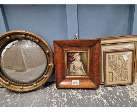 A 19th-century miniature portrait of a lady together with a small convex mirror and four further prints and pictures. 
