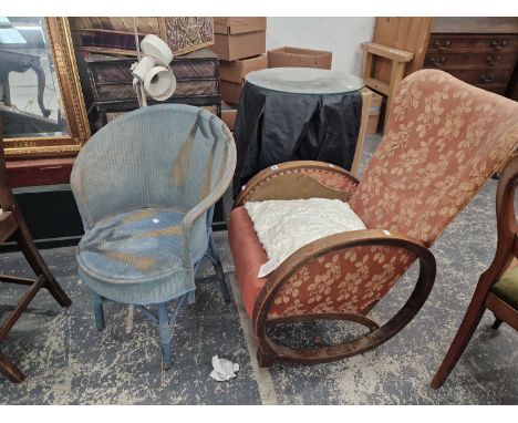 An art deco rocking armchair. a similar period loom bedroom chair with sun-ray painted decoration and a 1960's retro lamp.