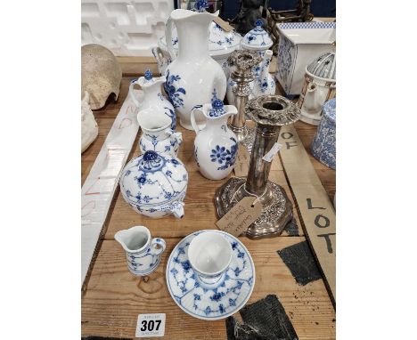 A pair of silver plated candlesticks, Royal Copenhagen blue and white wares etc.