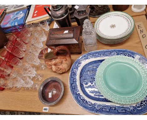 Haviland France plates, a wooden tea caddy, a Royal Doulton charter jug, blue and white platter and various drinking glasses 