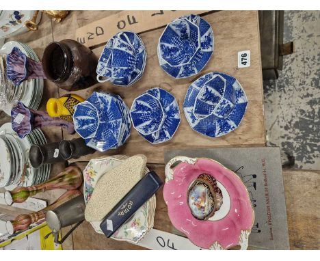 Blue and white vintage teacups and saucers, a Coalport two-handle dish, Royal Winton bowls, glass vases, a book Cautionary Ta