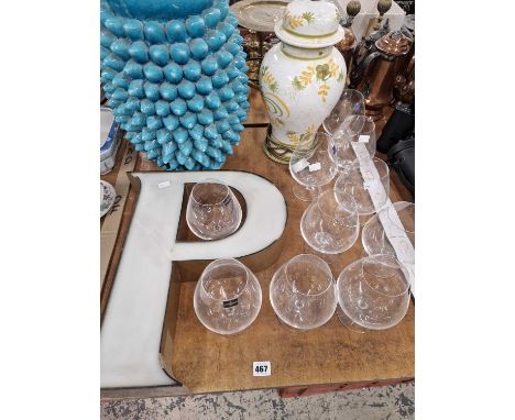 Ten Dartington crystal large brandy glasses, a large letter P, a large art pottery turquoise blue unusual vase and a table la