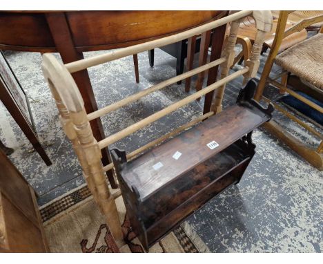 A mahogany wall shelf unit, a towel rail and four electroplate mugs