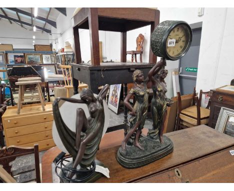 An art deco style lamp and figural mounted clock.