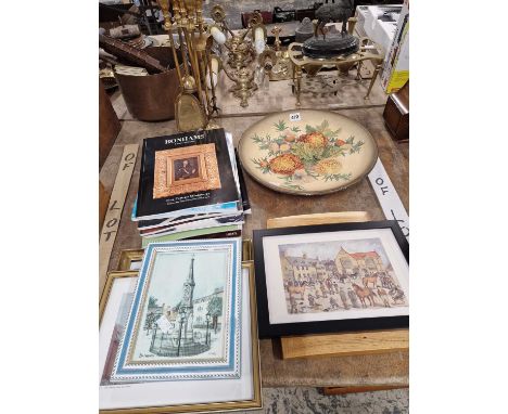 A W H Bossons relief wall plate, brass fire tools, a collection of auction catalogues and five framed scenes of Banbury by M 