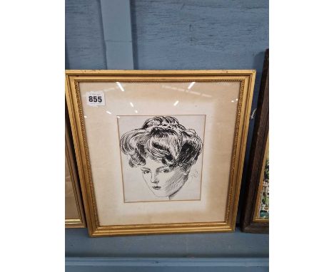 Manner of Charles Dana Gibson, USA 1867-1944. Study of a female with hair tied back in the early 20th Century style, ink on p
