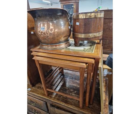 A copper coal scuttle together with a copper coopered oak planter 
