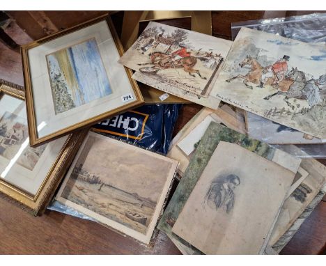 A folio collection of loose and framed water colours including a selection of humerous hunting related paintings. coastal sce