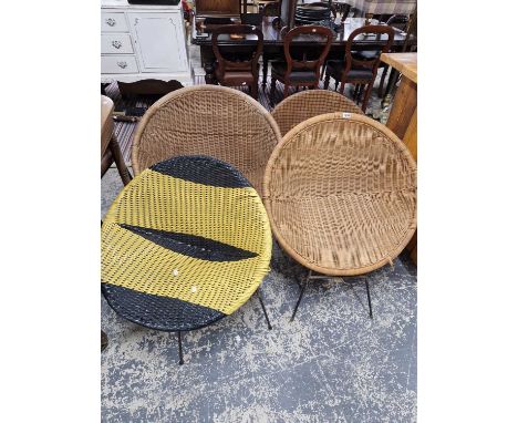 Three mid-century basket seat metal framed lounge chairs and a similar period loom chair