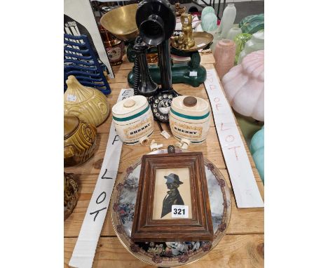 A pair of Wade Sherry barrels, a candlestick telephone, a silhouette portrait and a set of scales. 
