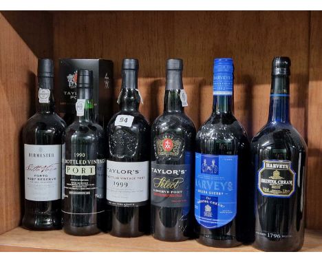 Fortified wines (11)  to include Sherry Harvey's Bristol Cream 1L (4) Port Taylors reserve ruby 75cl (2) Taylor LBV 75cl (2) 