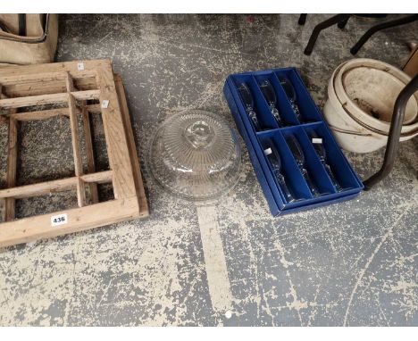 A Victorian flame form light shade, two pine window frames, etched champagne glasses set of six, a cake stand and cover etc. 