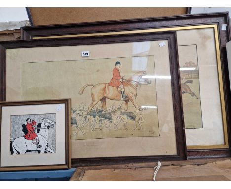 Four vintage hunting prints after Cecil Aldin to include the Cottesbrook Hunt, The New School and Snowed Up on Christmas Eve.