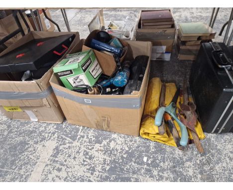 Books, power and hand tools, garden shears, Mamiya/sekor camera various lens in a hard case, Draper socket set, various fitti