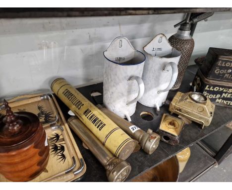 Vintage The "Waverlry" carton of shuttlecocks, two Oldham &amp; Son Ltd military issue flashlights, a Wootton lantern, a spar