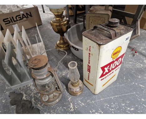 A vintage oil lamp, a jam pan, record stands etc.