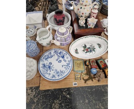 An Emma Bridgwater coronation teapot and other wares, a Portmeirion dish and jug, a display case, trinket boxes etc.