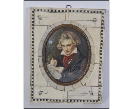 A miniature portrait painting of Beethoven mounted in  bone / ivory frame.