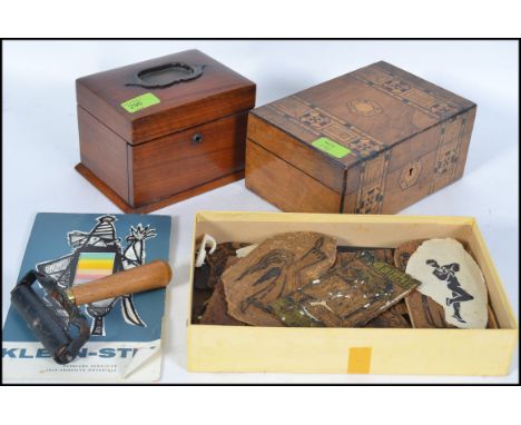 A collection of items to include a tunbridge inlaid box together with an ink roller and other items