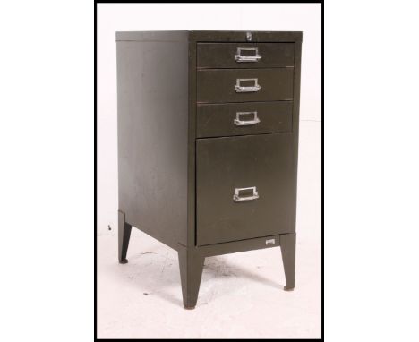 An industrial vintage mid century  retro green medal four drawer filing cabinet, unusual with larger drawer to bottom and sma