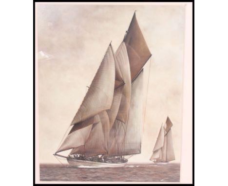 A very large framed and glazed print of vintage yachts racing with full sails in the manner of Beken of Cowes. Framed and gla