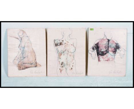 Radford Pandora :  20th century. A  collection of three erotic abstract artwork pieces - paintings  depicting nudes. 51x41cm