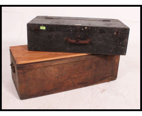 A vintage ebonised pine tool box (with later lid) along with a vintage travel trunk, both of rectangular form. Measures H30 x