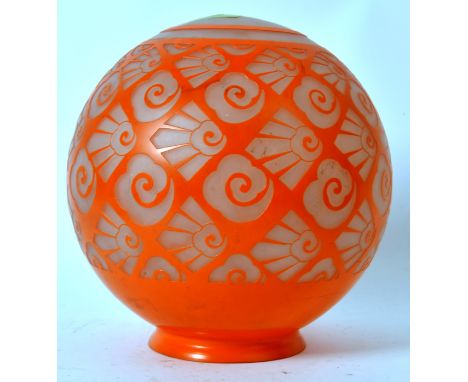 A Bohemian Art Deco globe lamp shade with a stunning Art Deco design of orange of marbled white glass. Circa 1925 with brass 