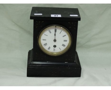 A Victorian Black Marble Encased Mantel Clock With Circular White Enamel Dial