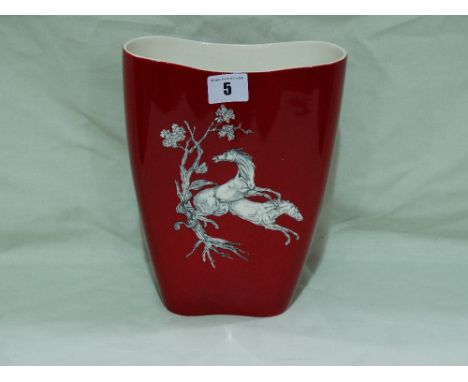 A Red Ground Crown Devon Pottery Flower Vase With Horse And Blossom Design