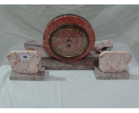 An Art Deco Coloured Marble Garniture Set Of Clock And Two Side Pieces