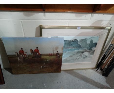 A 20th Century Unframed Oil On Canvas Hunting Scene Together With A Russell Flint Print