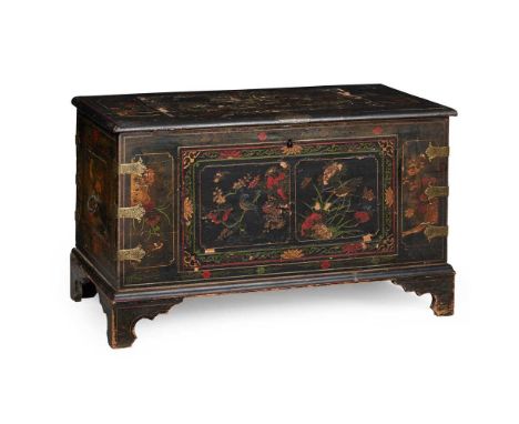 CHINESE COROMANDEL LACQUER AND POLYCHROME JAPANNED EBONISED CHEST EARLY 18TH CENTURY the hinged cover depicting japanned pane