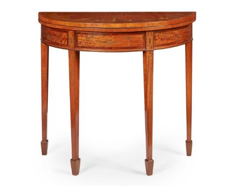 GEORGIAN STYLE MAHOGANY AND SATINWOOD INLAID CARD TABLE LATE 19TH CENTURY the demilune fold-over top with sectional lobed inl