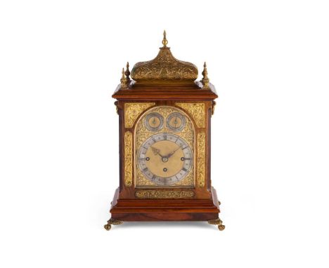 VICTORIAN WALNUT AND GILT METAL CHIMING BRACKET CLOCK  LATE 19TH CENTURY  in the Persian taste with an embossed brass top sta