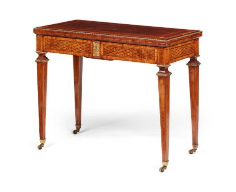 VICTORIAN WALNUT, KINGWOOD, YEW, AND PARTRIDGEWOOD GILT METAL MOUNTED CARD TABLE 19TH CENTURY the fold-over rectangular quart