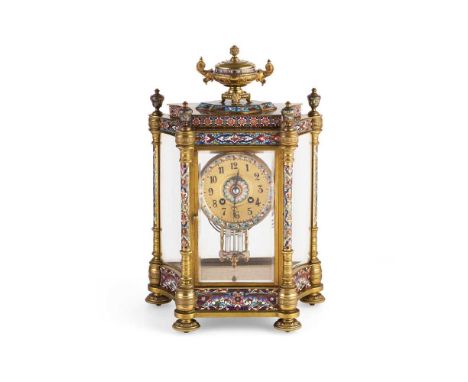 FRENCH CLOISONNÉ AND GILT BRASS MANTEL CLOCK 19TH CENTURY the gilt brass and cloisonné glazed four-column case with an urn fi