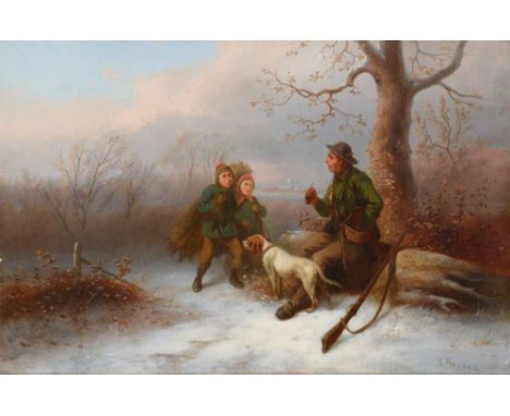 ALEXIS DE LEEUW (BELGIAN 1822-1900) GATHERING FIREWOOD IN THE SNOW Signed, and signed by 'R. Maes', oil on canvasDimensions:5