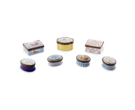 GROUP OF SEVEN ENAMEL PATCH OR SNUFF BOXES 18TH CENTURY most Bilston or Battersea, four inscribed with mottos, two with lands