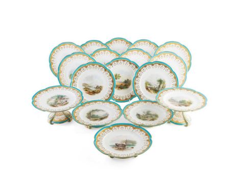 MINTON TOPOGRAPHICAL DESSERT SERVICE MID 19TH CENTURY painted to the centre with pastoral landscapes or seascape scenes, with