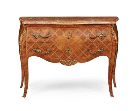 LOUIS XV STYLE KINGWOOD PARQUETRY SERPENTINE COMMODE EARLY 20TH CENTURY the serpentine brocatello marble top with a moulded e