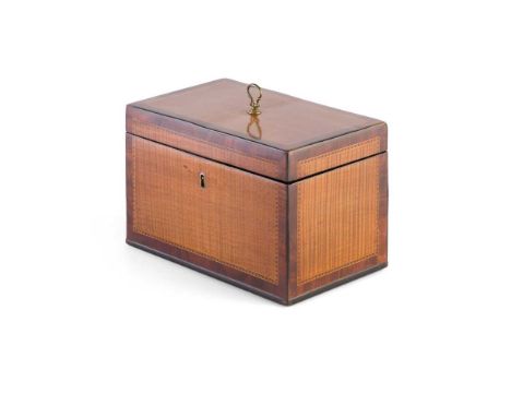 GEORGE III HAREWOOD AND MAHOGANY TEA CADDY LATE 18TH CENTURY of rectangular form outlined with chequer and crossbanding, open