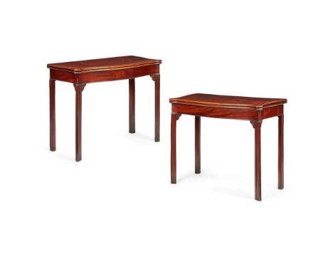 PAIR OF GEORGE III MAHOGANY AND BOXWOOD STRUNG SERPENTINE CARD TABLES  18TH CENTURY  with crossbanded and moulded fold-over t
