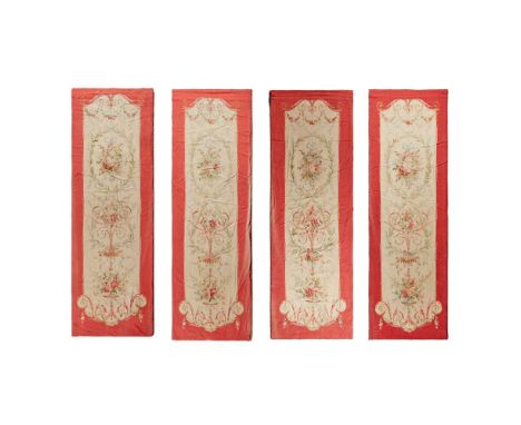 SET OF FOUR FRENCH AUBUSSON TAPESTRY ENTRE-FENÊTRE PANELS MID 19TH CENTURY with central flower bouquets set within laurel wre