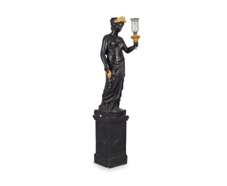 EBONISED PLASTER FIGURAL TORCHERE OF CERES, IN THE MANNER OF HUMPHREY HOPPER EARLY 19TH CENTURY ebonised and gilded plaster, 