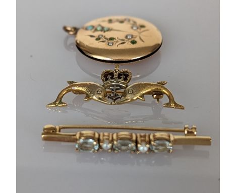 Royal Navy Submarine Service 9ct gold and enamel sweetheart brooch, 40mm; a pearl and aquamarine bar brooch, 45mm; a gem-set 