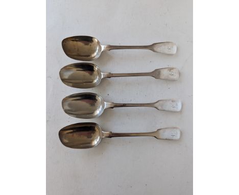 Two Georgian and two Victorian fiddle pattern table spoons with dog nose bowls, initialled, each 22 cm, 258g; together with a