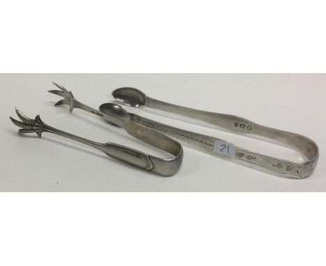 NEWCASTLE: A pair of Georgian bright cut silver sugar tongs together with one other pair. Approx. 55 grams. Est. £20 - £30.