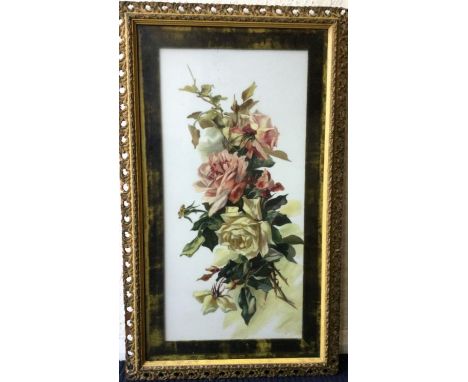 Two large painted porcelain panels mounted under velvet depicting flowers and fruit respectively. Monogrammed initials "A M" 